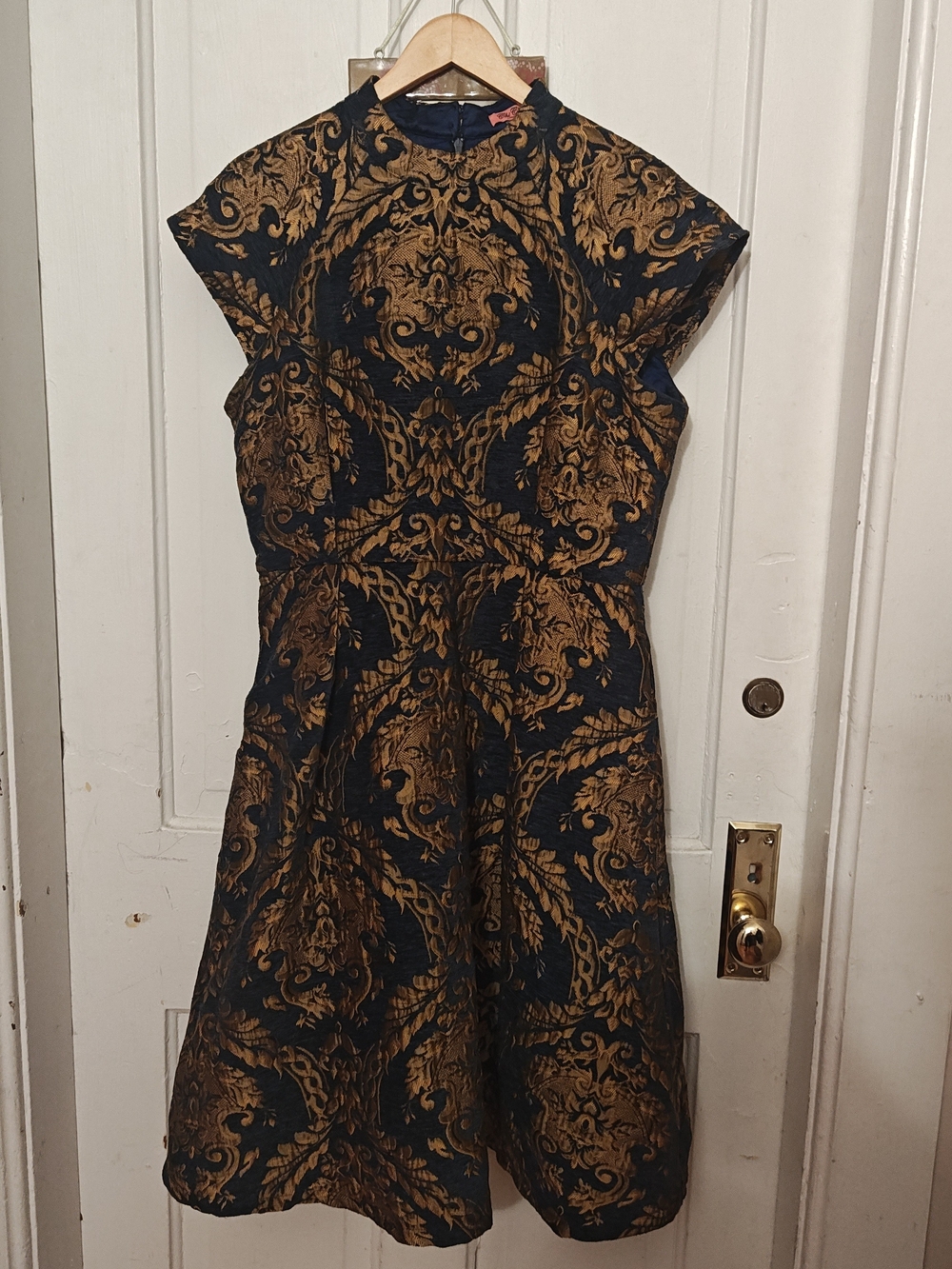 Chi Chi London Navy and Gold Brocade Midi Fit-and-Flare Dress